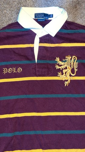 Vintage Polo Ralph Lauren Herren L Rugby gestreiftes Kragenhemd Löwenwappen weinrot - Bild 4 von 8