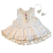RAGA Junior XS White Gold Metallic Polka Dot Tassel Babydoll Boho Top NWT