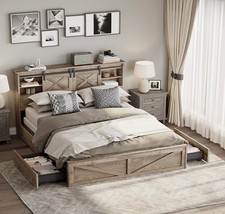 King Size Farmhouse Bed FrameLED LightsChargi...