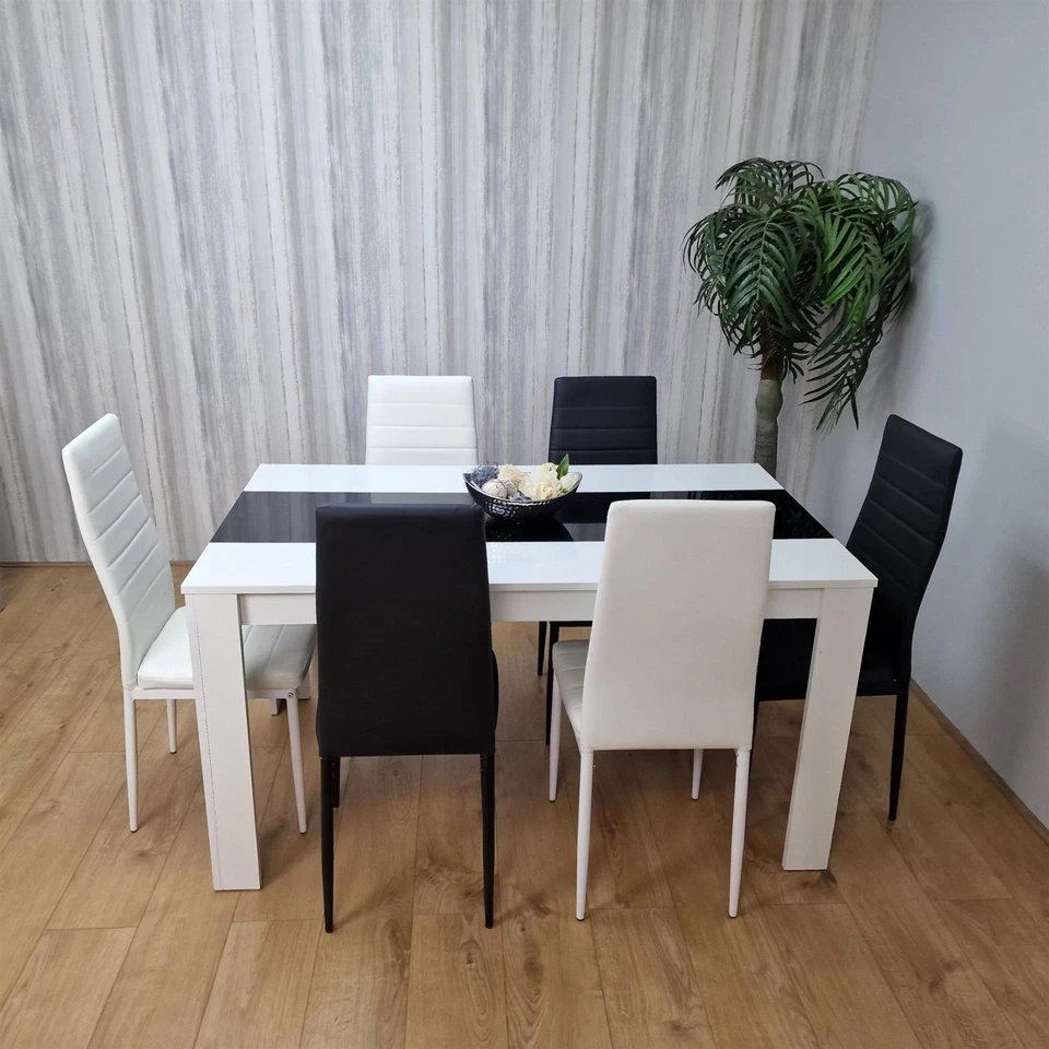 Dining White Black Wood Table with 6 Leather Chairs Dining Room Set - Image 2 of 4