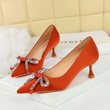 Women Satin Rhinestone Bow Pointed Thin Heel Pumps High Heel Wedding Bride Shoes