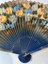 VTG Spanish Hand Painted Floral Folding Fan Blue Wood Fabric Abanico 1960s 14