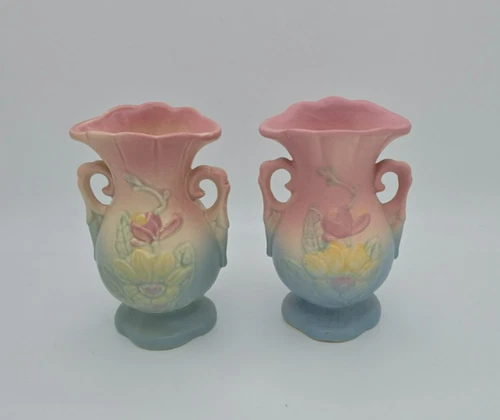 SET OF 2 HULL ART POTTERY MAGNOLIA 13 PASTEL MATTE VASES 1946 13 4-3/4"