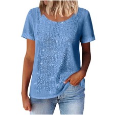 Ladies Glitter Sequin Tops Party Short Sleeve Blouse Summer Tee Shirts SIZE 6-20