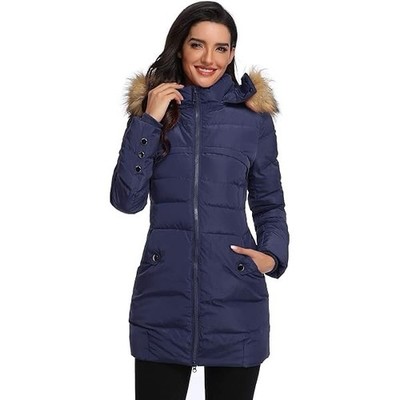 Epsion Women M Hooded Thickened Long Down Parka Navy Blue Winter 90% Down Hooded