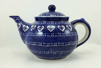 B-Ware Bunzlauer Keramik Teekanne Kanne für 1,3Ltr. Herzen blau/weiß (C017-DSS - Bild 1 von 4