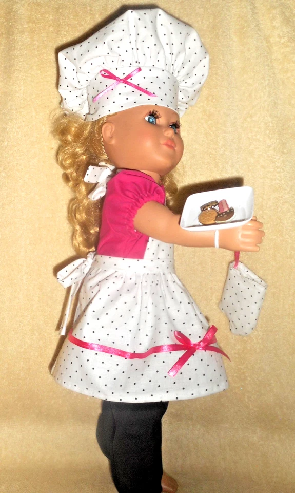 Ropa muñeca 18"-chef-pantalones, blusa, delantal, sombrero de chef, guante de horno, plato de galletas Foto 2 de 4