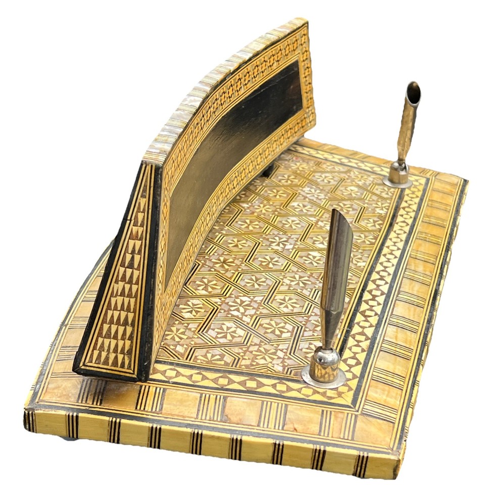 Levantine marquetry inlaid with mother-of-pearl — this pen holder is basically a tiny piece of artisan furniture for your desk.
