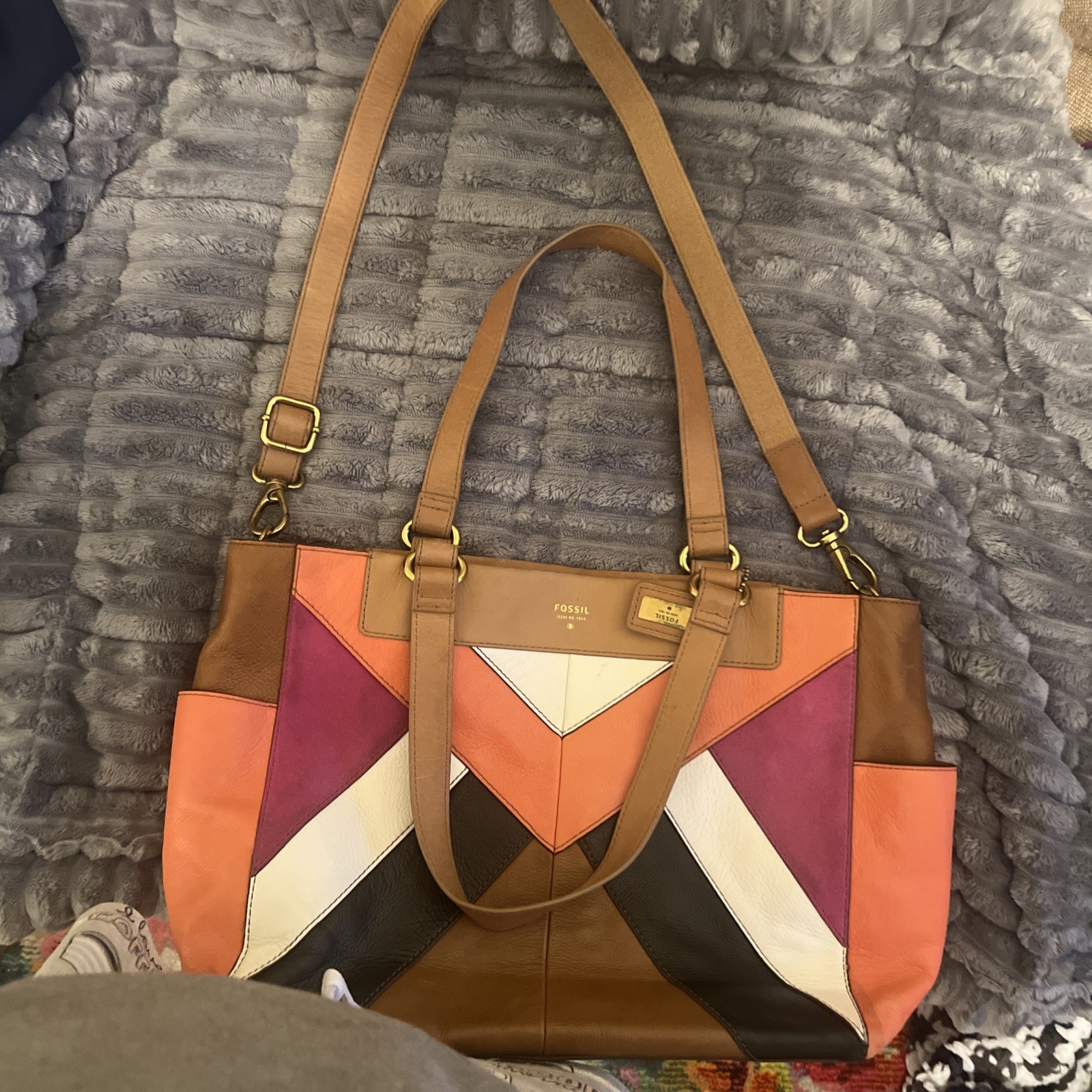 Fossil Brown Large Leather Patchwork Shoulder Bag - image 7