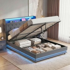 4ft6 Double Bed Frame with RGB LED Lights, Platform Bed Frame, Dark Grey