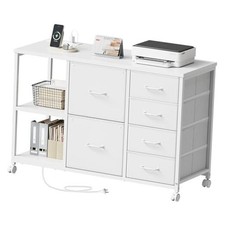 6 Drawer File Cabinet with Charging Station Rolling Printer Stand with White