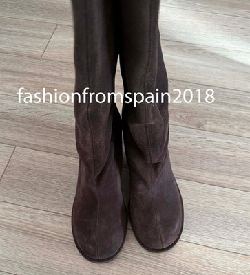 モカ　２点 ZARA NEW WOMAN SPLIT LEATHER KITTEN HEEL BOOTS BROWN 35-42