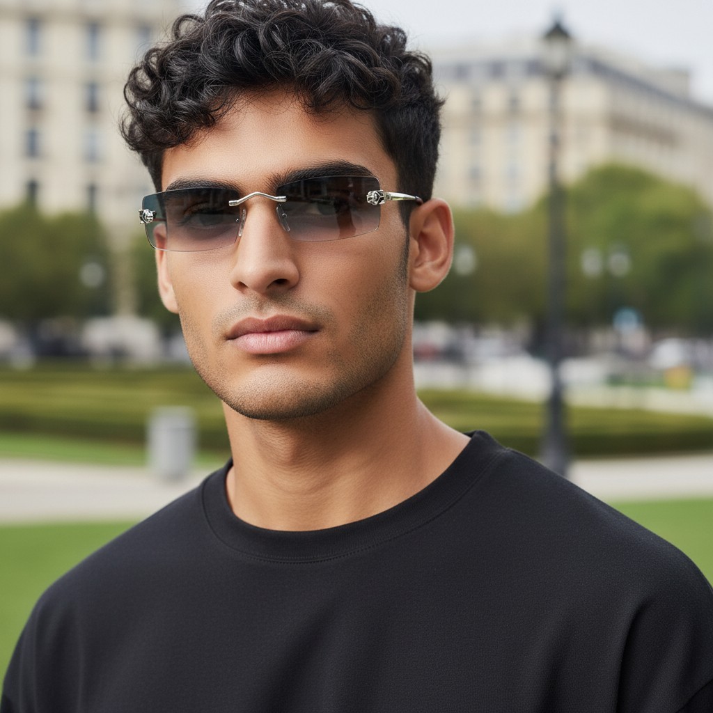 Cartier Two Point Rimless Eyewear Sunglasses Silver Black 18 130 Demo Lens Cartier France 60-18 130 Santos Galaxy Aviator Rimless  main image 4