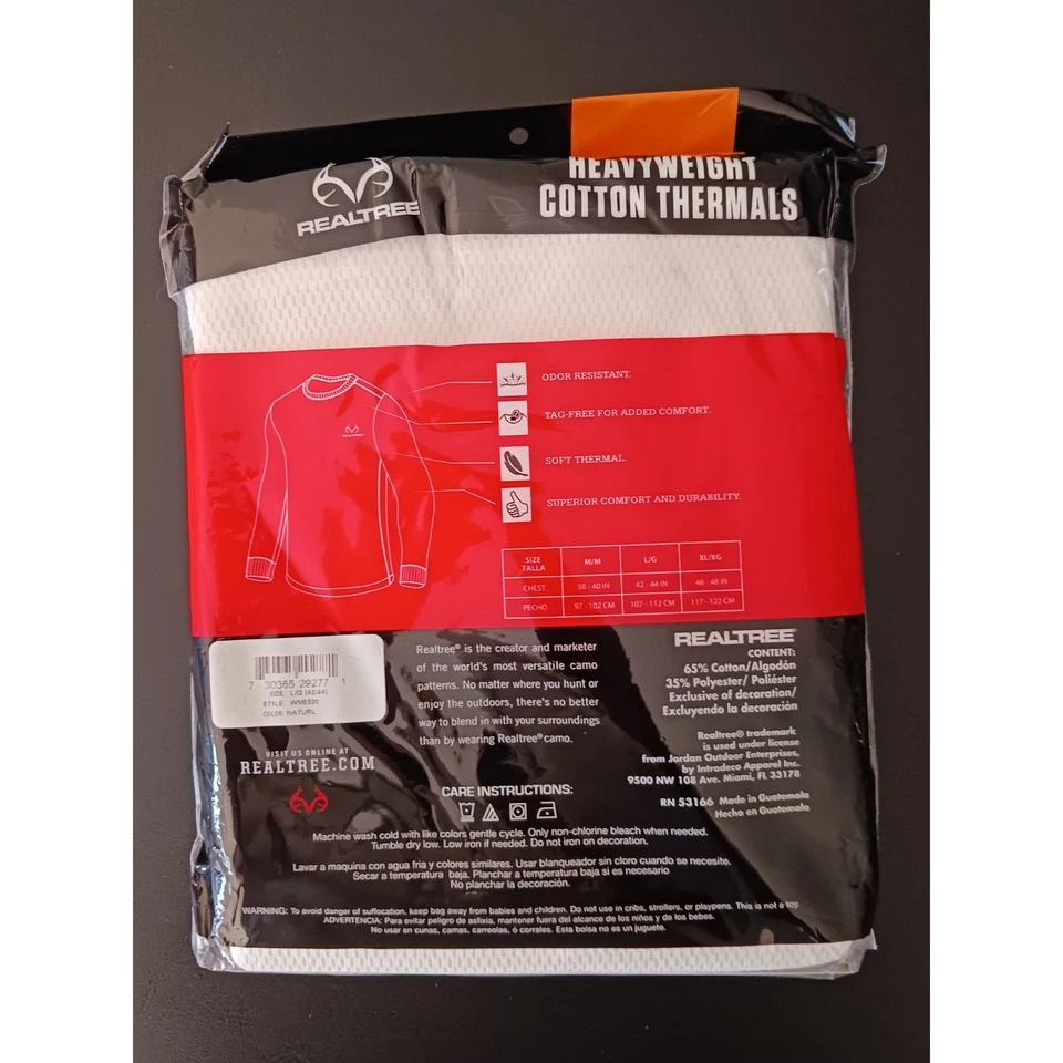 Realtree Crew Top Cotton Thermal Top Men's Large Naturel White Scent Control - Image 2 of 3