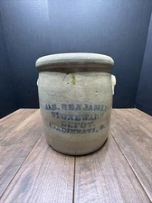 JAS BENJAMIN STONEWARE DEPOT CROCK CINCINNATI OHIO 4 Gallon Glazed Blue Writing