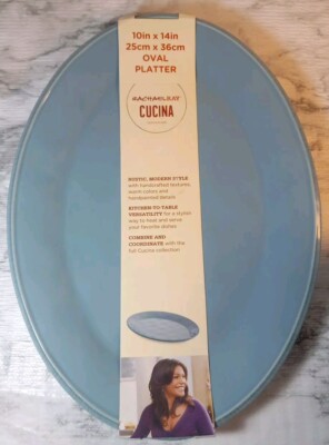Rachael Ray Cucina Dinnerware 10''x14'' Agave Blue Stoneware Oval Platter New 