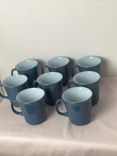 8 Pyrex Slate Blue Milk Glass White 8oz D-Handled Coffee Mugs Vintage 1970s