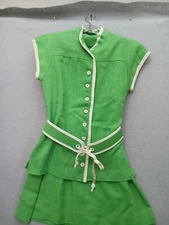 DW5 Fashions Vintage Skirt Set PL Green Linen Cap Sleeve Button Contrast