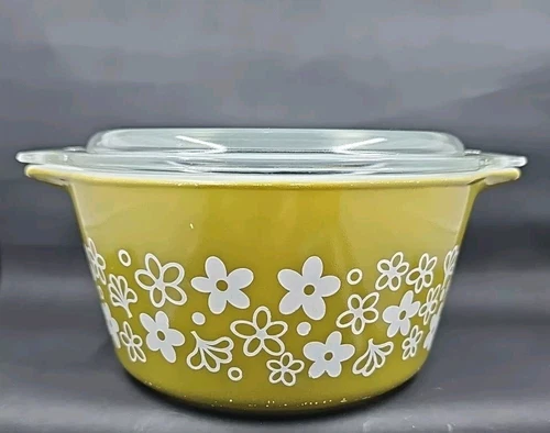 Vintage PYREX CRAZY DAISY SPRING BLOSSOM CASSEROLE DISH #473 With LID 1 QT. 