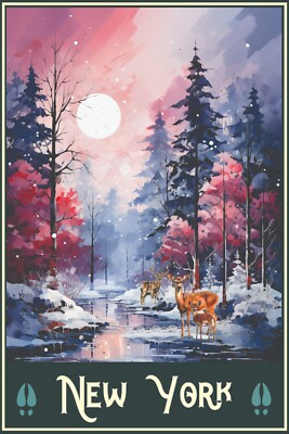 New York Winter Scene Snow Deer Art Travel Poster 16 x 24 Wildlife