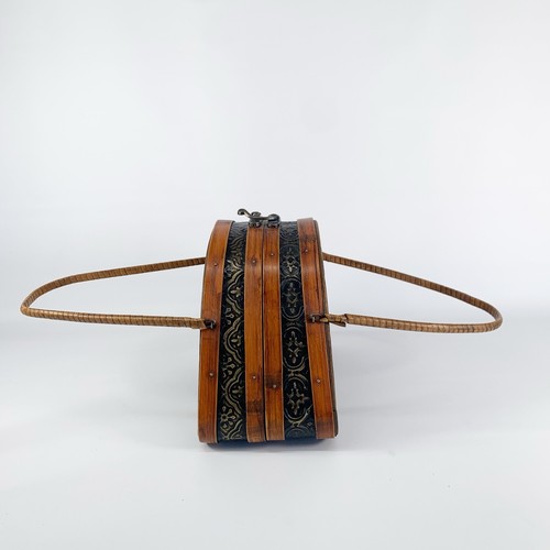 Vintage Wood & Metal Box Handbag Purse Embossed Brown Natural Hinge Latch Boho - Picture 4 of 13