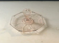 LE Smith Pink Depression Octagon Tidbit Tray Trinket Dish w/ Heart Handle 6"