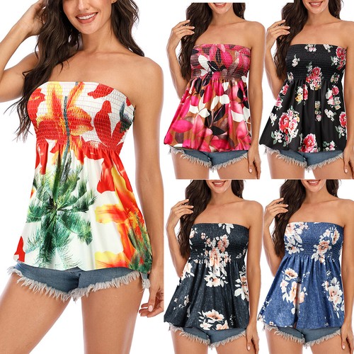 Women Strapless Boho Floral Bandeau 