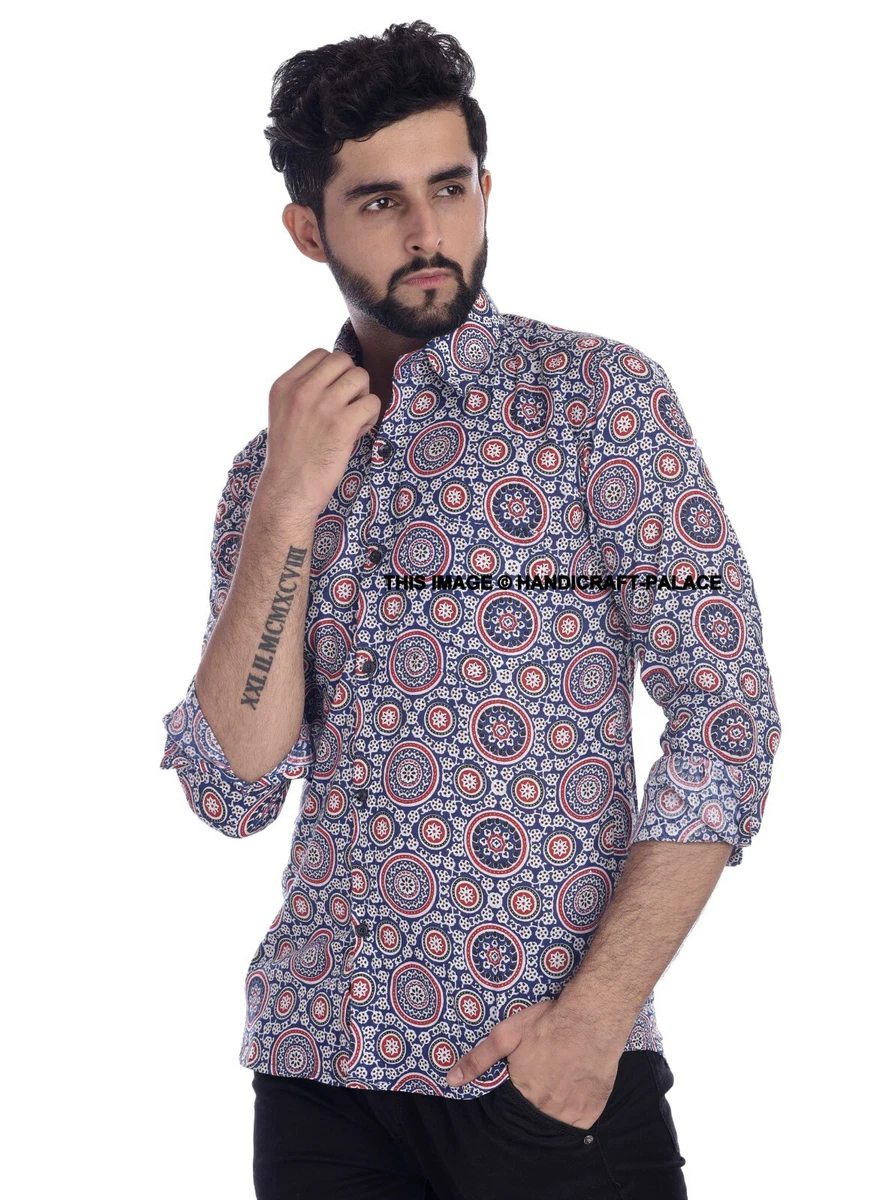 Indian Hand Block Printed Shirts Man's Beach Party Wear Long Sleeve Cotton  Shirt