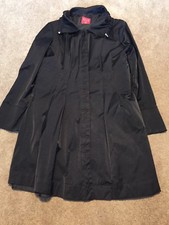 Womens Elle Black Button Down Rain Coat Jacket Large Lined Drawstring High Neck