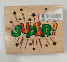 Wood Mounted Rubber Stamp SUPER with Stars design Unbranded 2.5" x 3"