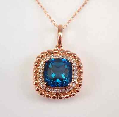 2Ct Cushion Cut Blue Topaz Halo Pendant 14K Rose Gold Finish Free Chain