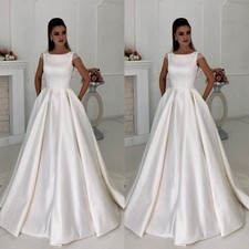 Elegant Wedding Dresses With Side Pockets Satin A Line Sweep Train Bridal Gowns