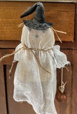 Primitive Fall Halloween Handcrafted 2 pc Hanging Ghostly Ghosts w/ Pumpkin 14"
