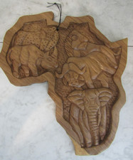 VTG African Continent Shaped Wall Art Wood Hand Carved Big Five Hanging Africa