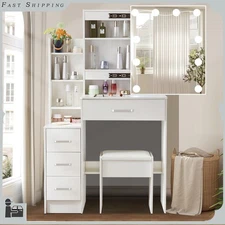 White Makeup Dressing Table W/ Lights Sliding Mirror 4 Drawers Vanity Desk Stool