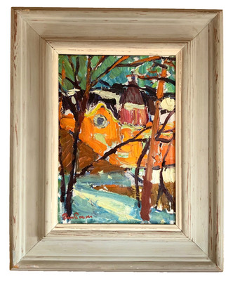 Kleines Vintage Impressionisten Gemälde Landschaft, signiert Runenperson (1914-1990)