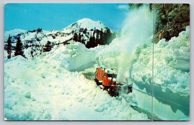 Vintage Snow Plow Clearing Cascades with Mt. Rainier Postcard 1967