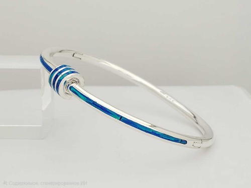 Bracelet Taxco en argent sterling 925 incrustation d'opale tonneau 7,5" articulé 21,6 g - Photo 1/11