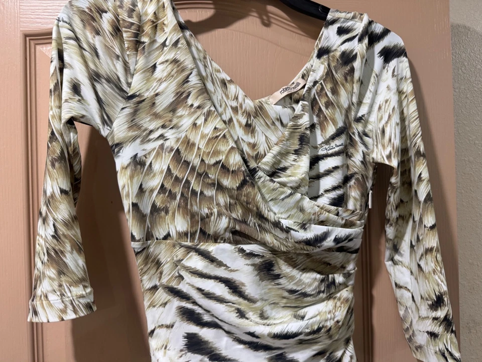 New Roberto Cavalli Printed Feather Design Stretch Jersey Dress Size 6 US (40 I) - Image 3 of 4