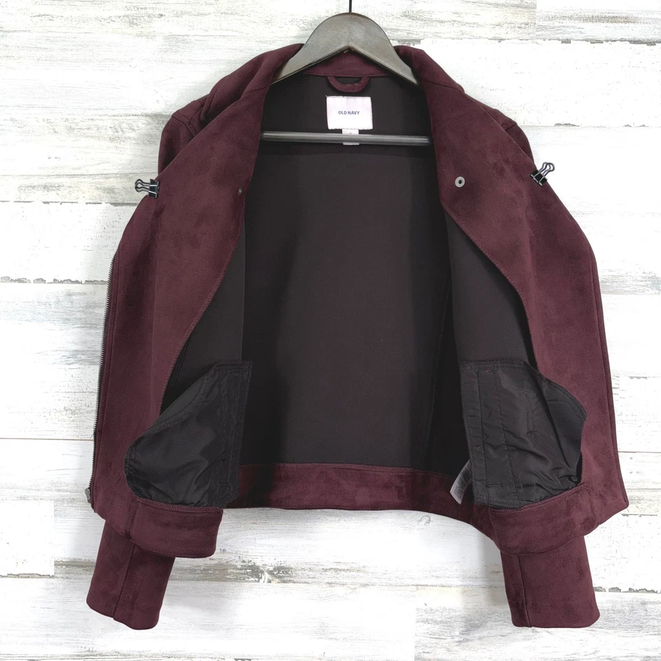 Chaqueta Motociclista Antigua Azul Marino Para Mujer Talla M Borgoña Vino Imitación Gamuza Cremallera Completa Foto 3 de 4