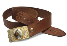 Vtg Tooled Leather Belt Horse Buckle Women Brown Sz 36 Western Boho Equestrian