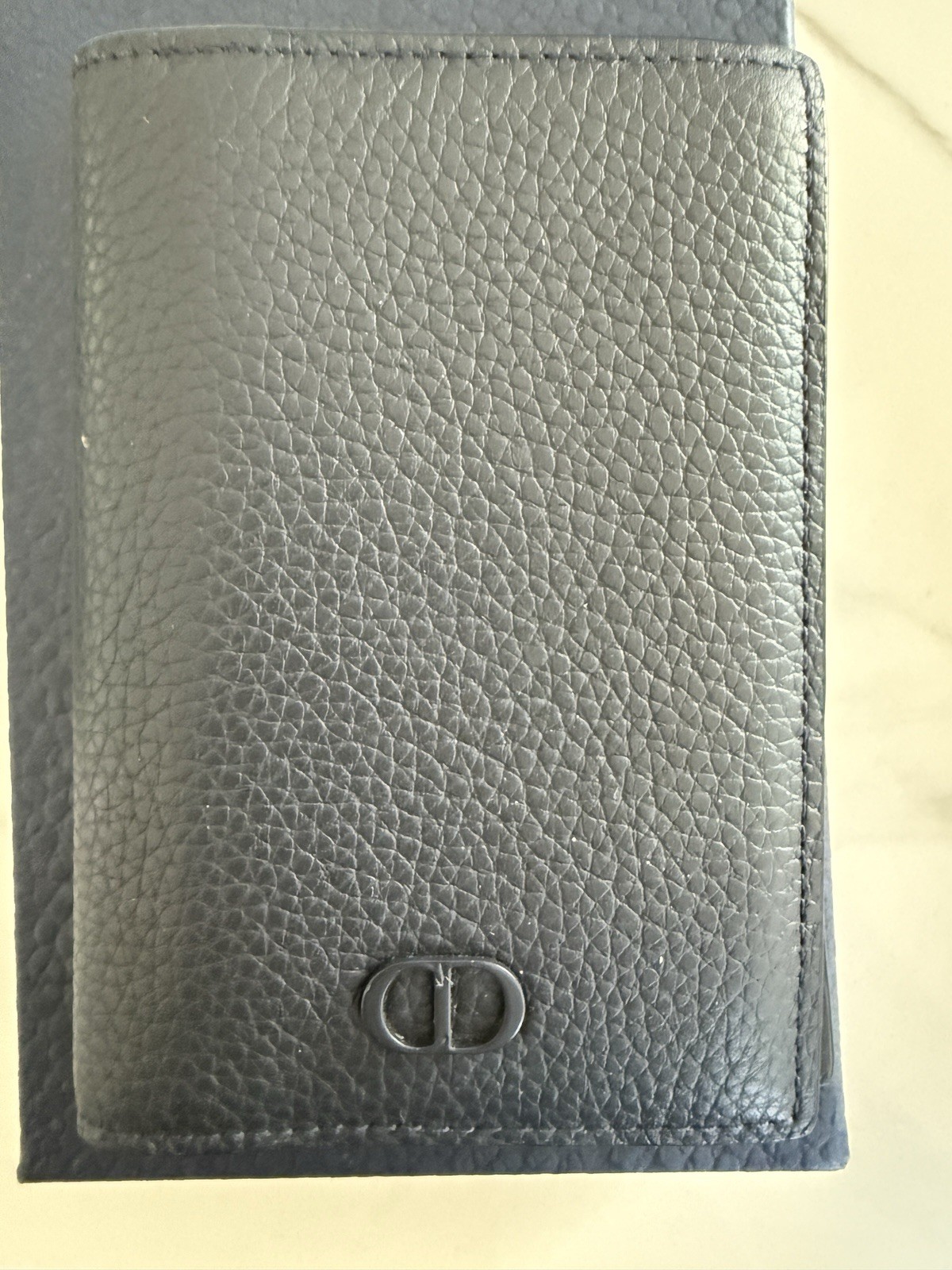 Authentic DIOR Navy blue Grained Calfskin Bi-Fold Card Holder