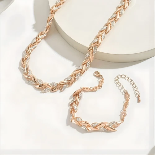 Rhinestone Pave Jewelry Gift Set Leaf Link Necklace Bracelet Women Ladies UK NEW - Picture 2 of 8