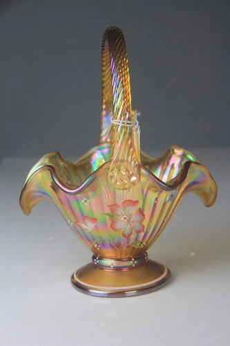 FENTON BUTTERFLY GARDEN GOLD CARNIVAL ART GLASS BASKET
