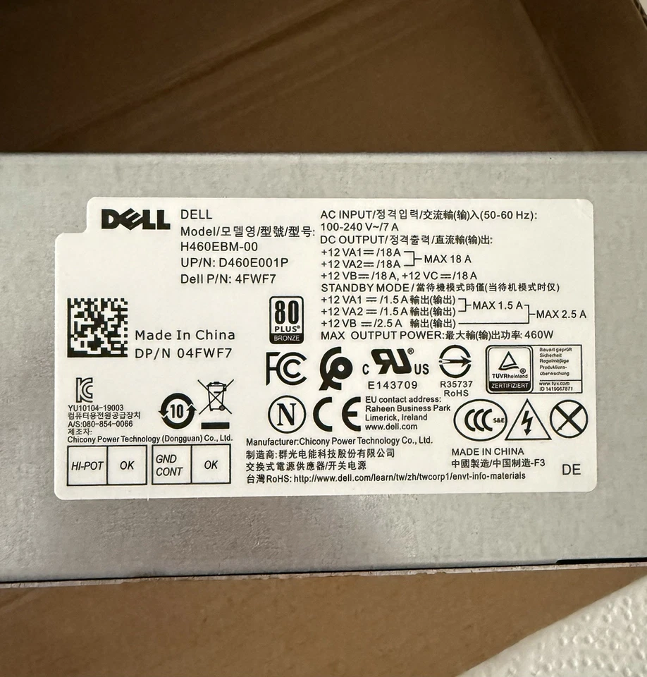 DELL 460W Power Supply H460EBM-00 04FWF7 D460E001P OptiPlex 3040-7070 XPS 8940MT - Image 2 of 4
