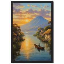 Sunset Lake Boat Landscape Wall Art Canvas Oil Paintings Reproduction