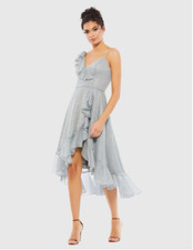 NWT Mac Duggal High Low Chiffon Ruffled Asymmetric Dress Size 8 Slate Grey/Blue