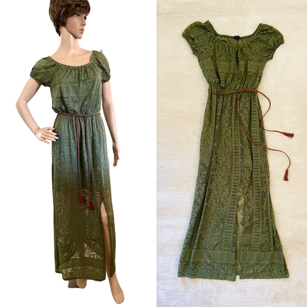 green suede lace up dress Western Green Faux Suede One-Shoulder Slit Patchwork Tassel Midi Boho