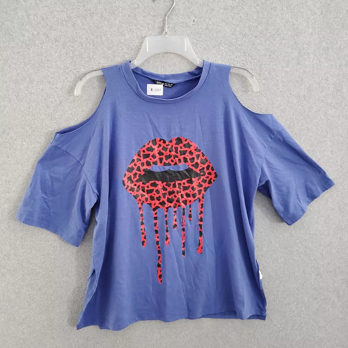 Shein Women Top XS Blue T Shirt Lips Leopard Print Fill Cold Shoulder Tee