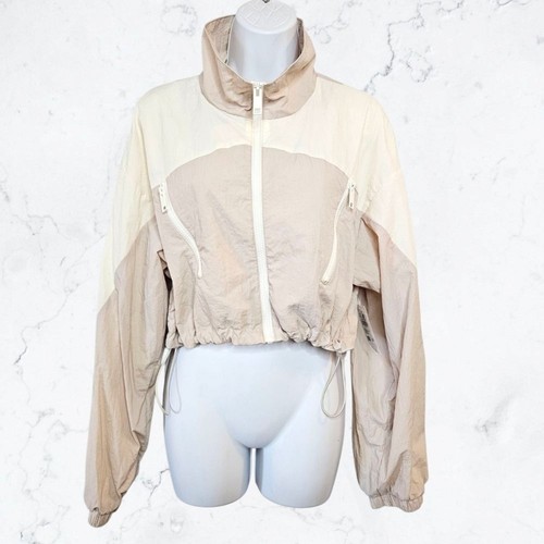 New Garage Beige & White Cropped Jacket Windbreaker Sz M - Picture 3 of 9